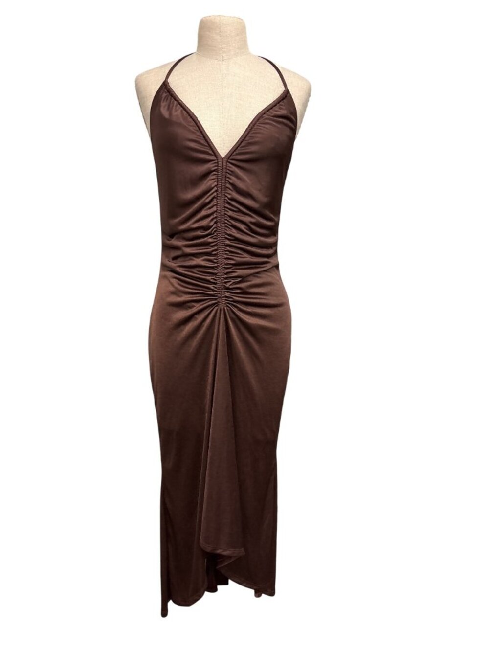 Express Brown Halter Ruched Maxi Dress With Plunging Neckline Tie Back - Womens